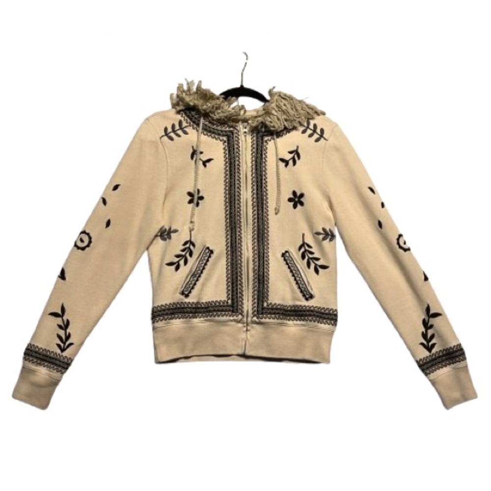 Lucky Brand Dungaree America Ivory Embroidered Faux Fur Hooded Zip Up Sweatshirt